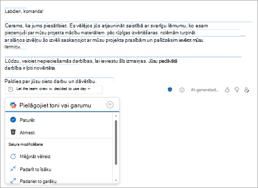 Parāda jauna Outlook pasta lapu ar Outlook izveidotu melnrakstu. Zem melnraksta ir opcijas paturēt, atmest vai mainīt melnrakstu.
