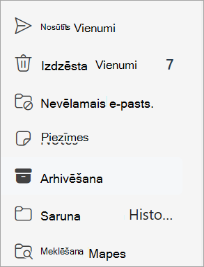 Mapju sarakstā atlasiet mapi Arhīvs