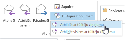 Atbilžu grupa ar atvērtu nolaižamo izvēlni IM un iezīmētu opciju Atbildēt ar IM