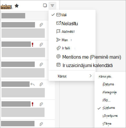 Ekrānuzņēmums ar filtra izvēlni, kurā atlasīts vienums Kārtot pēc