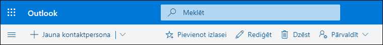 Ekrānuzņēmums, kurā redzamas cilnes Personas komandjoslas opcijas, tostarp Jauna kontaktpersona, Rediģēt, Dzēst, Pievienot izlasei un Pārvaldīt.