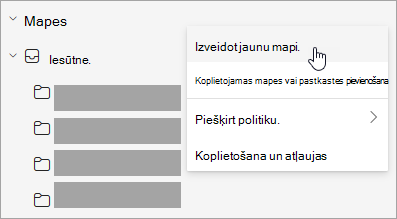 Ekrānuzņēmums, kurā mapju rūts izvēlnē Papildu opcijas atlasīta opcija Izveidot jaunu mapi