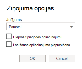Ekrānuzņēmums, kurā redzams dialoglodziņš Ziņojuma opcijas, kurā redzamas opcijas sensitivitātes līmeņa iestatīšanai un piegādes vai lasīšanas apliecinājuma pieprasīšanai.
