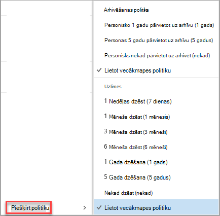 Ar peles labo pogu noklikšķiniet uz ziņojuma, lai skatītu politikas opciju piešķiršanas opcijas