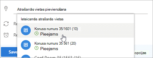 Ekrānuzņēmums ar ieteikto atrašanās vietu izvēlni