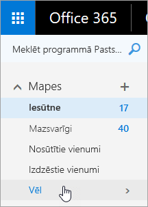 Ekrānuzņēmums ar kursoru, kurš novietots virs pogas Vēl, navigācijas rūtī programmā Outlook tīmeklī.