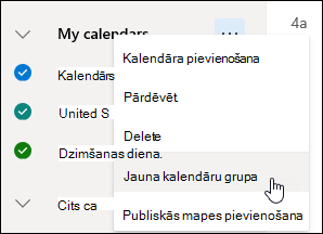 Ekrānuzņēmums ar pogu Jauna kalendāru grupa