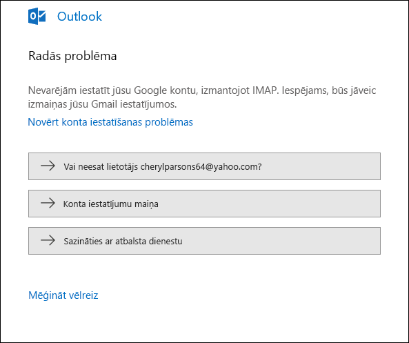 E-pasta kontu pievienojot programmā Outlook, radās kļūda.