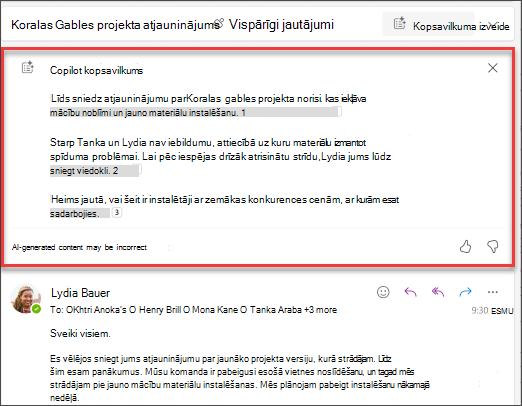 E-pasta pavediena kopsavilkums ar Copilot izveidotām atsaucēm.
