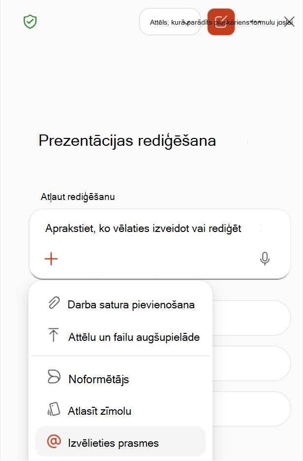 Ekrānuzņēmums, kurā redzama atlase Izvēlieties prasmes Copilot rūtī esošajā plusizvēlnē.