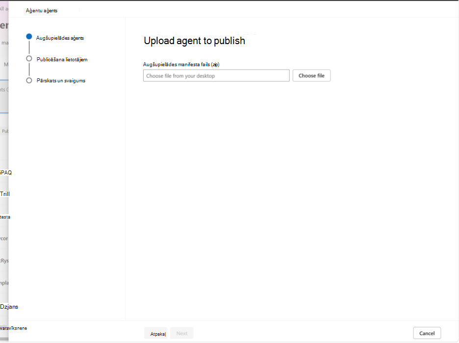 Ekrānuzņēmums, kurā redzama prasmju pakotnes augšupielāde aģentā Upload to Publish lapā.