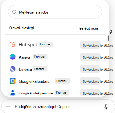 Ekrānuzņēmums, kurā redzams savienotāju saraksts ar pieejamiem datu avotiem un savienojuma izveides pogām programmā PowerPoint.