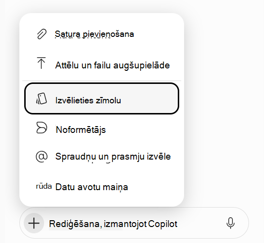 Ekrānuzņēmums, kurā redzama opcija Atlasīt zīmolu, kas iezīmēta Copilot uzvednes izvēlnē.