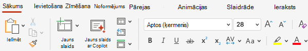 Ekrānuzņēmums ar cilni Sākums programmā PowerPoint.