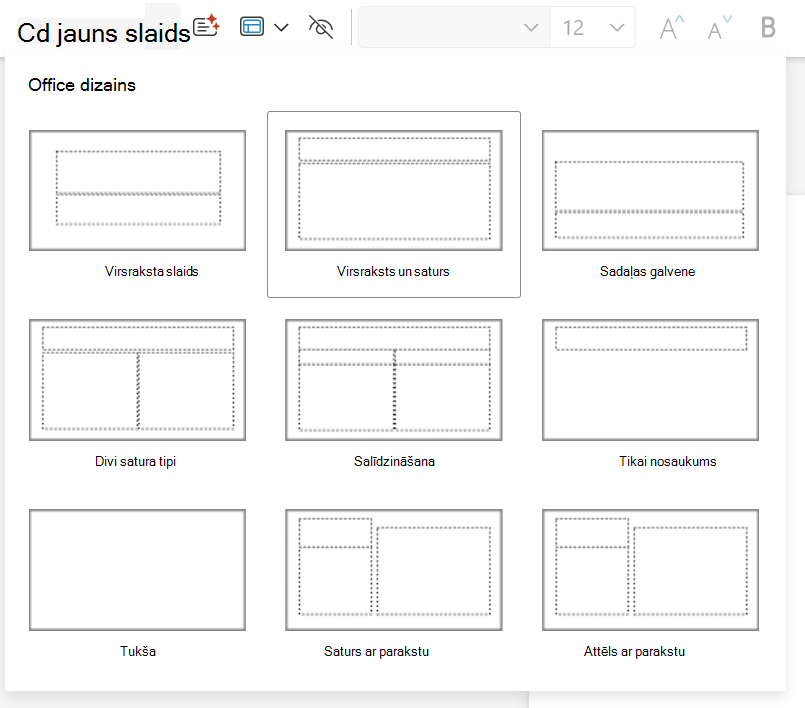 Nolaižamā izvēlne Jauns slaids cilnē Sākums programmā PowerPoint tīmeklim