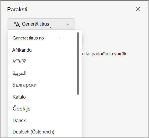 Ekrānuzņēmums, kurā redzama titru ģenerēšanas nolaižamā izvēlne rūtī Titri.