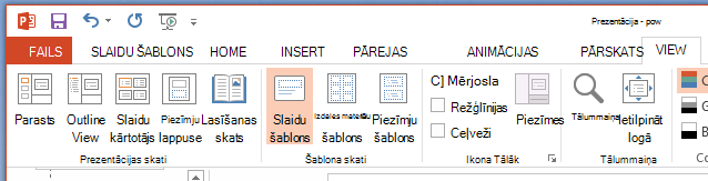 Poga Slaidu šablons atrodas lentes cilnē Skats.