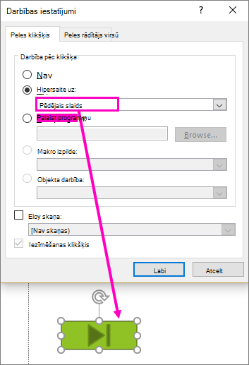 Tiek parādīts darbības pogu iestatīšanas dialoglodziņš programmā PowerPoint