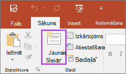 Tiek rādīta poga Jauns slaids cilnē Sākums PowerPoint lentē