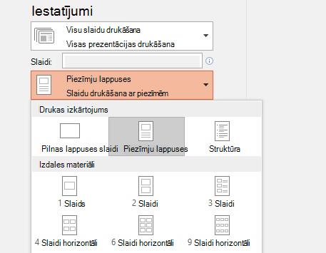 piezīmju drukāšanas opciju ekrānuzņēmums
