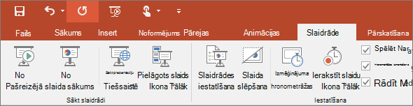 Tiek rādīta cilne Slaidrāde PowerPoint lentē