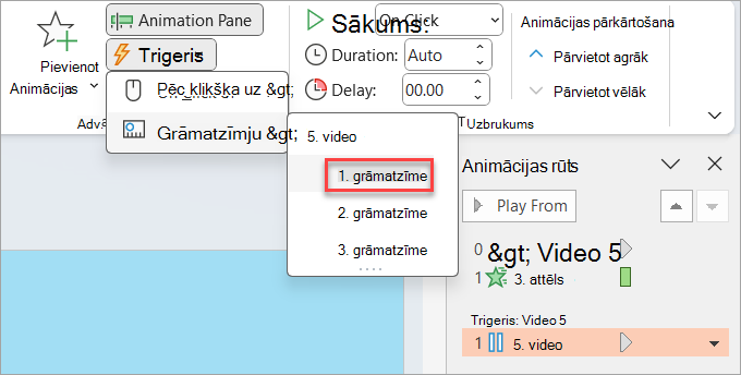 Kur iestatīt animācijas sprūdu; Šajā gadījumā, kad tiek sasniegta videoklipa grāmatzīme.