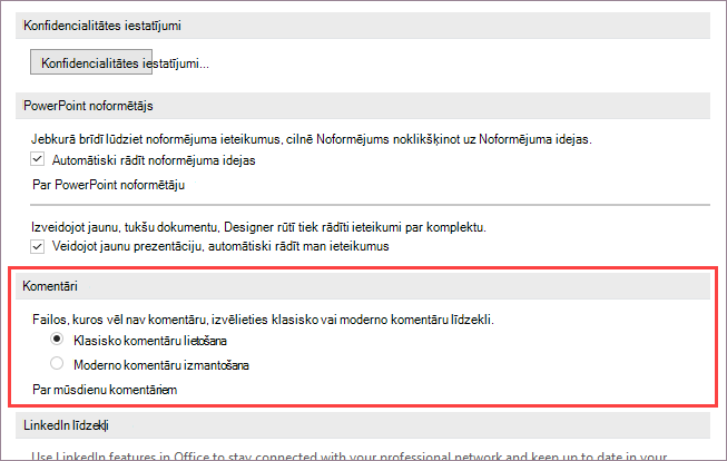Ekrānuzņēmums, kurā redzamas moderno komentāru opcijas