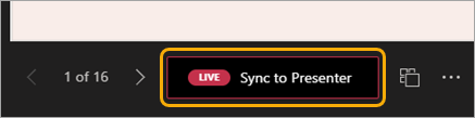 Ekrānuzņēmums, kurā redzama slaidu navigācija ar iezīmētu sarkanu pogu Sinhronizēt ar prezentētāju.
