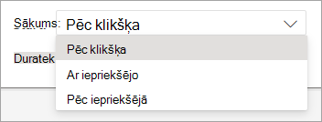 Nolaižamais sākuma izvēlnes atlasītājs, lietojot animāciju programmā PowerPoint tīmeklim.
