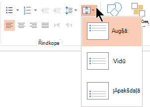 Lentes izvēlnē Līdzināt tekstu varat izvēlēties, vai teksts ir līdzināts vertikāli konteinera augšpusē vai apakšā vai arī centrēts vertikāli vidū.