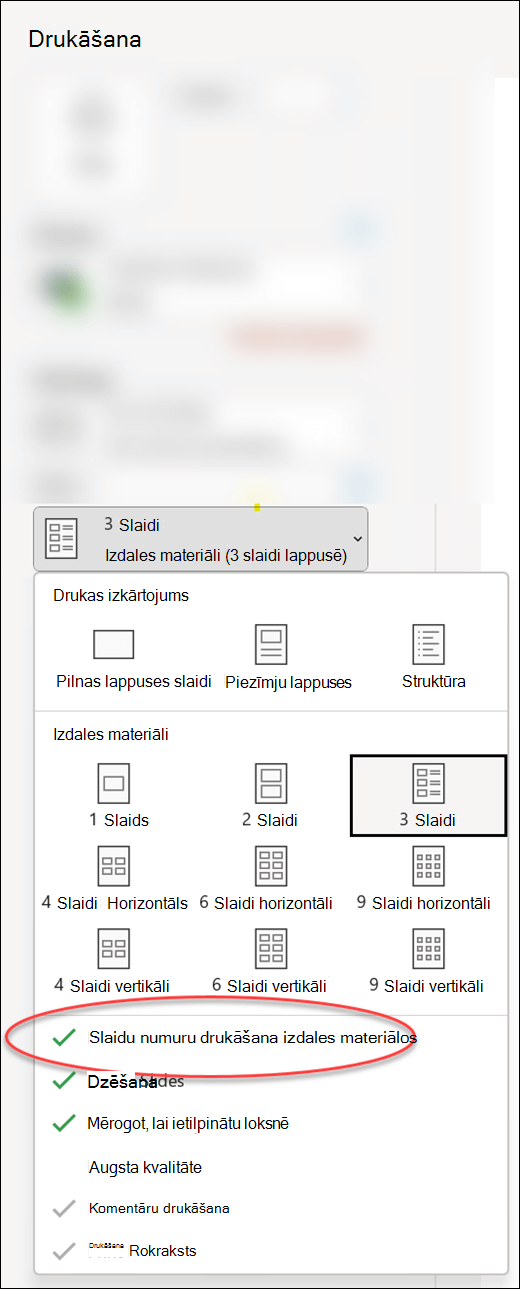 Dialoglodziņš Drukāšana programmā PowerPoint, kurā redzama opcija drukāt slaidu numurus izdales materiālos.