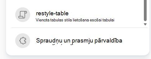 Ekrānuzņēmums, kurā redzama ierakstītas prasmes izvēle no Copilot uzvednes un izvēlnes.
