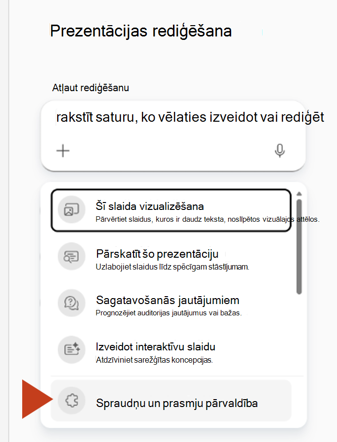 Ekrānuzņēmums, kurā redzama spraudņu un prasmju pārvaldības atlasīšana Copilot rūts Plusizvēlnē.