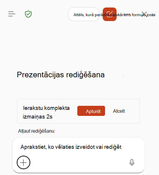 Ekrānuzņēmums, kurā redzama notiekoša prasmju reģistrēšana Copilot programmā PowerPoint.