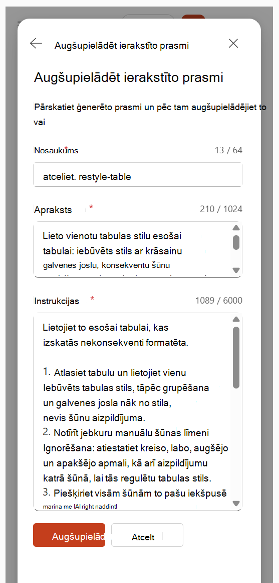 Ekrānuzņēmums, kurā redzama ģenerētā prasmes nosaukuma, apraksta un instrukciju pārskatīšana pirms augšupielādes.