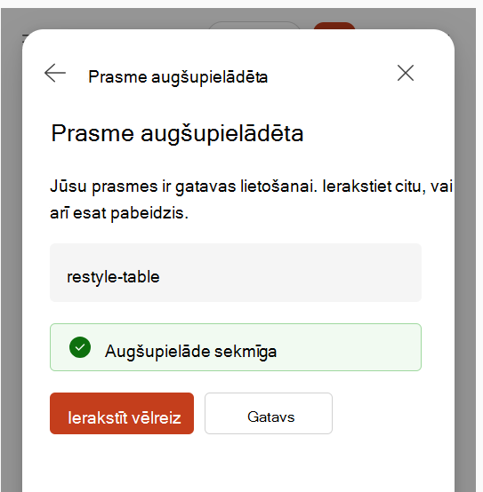 Ekrānuzņēmums, kurā redzams prasmes augšupielādes apstiprinājums pēc prasmes ierakstīšanas.
