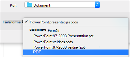 Parāda PDF opciju sarakstā Failu formāti dialogā Saglabāt kā programmā PowerPoint 2016 for Mac.