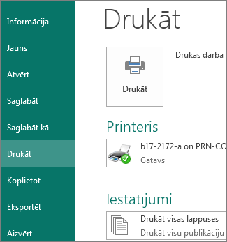 Ekrānuzņēmums, kurā redzamas drukas opcijas programmā Publisher.