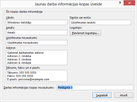 Ekrānuzņēmums ar dialoglodziņu Izveidot jaunu darba informācijas kopu.