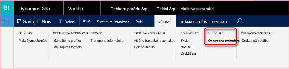 Šajā attēlā parādīts, kā atrast kredītrēķinu izrakstīšanas funkcionalitāti.
