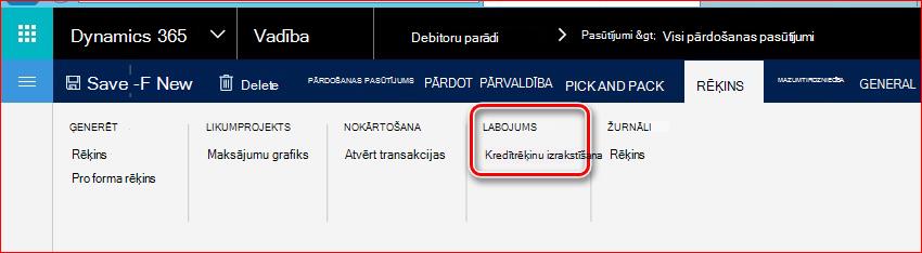 Šajā attēlā parādīts, kā atrast kredītrēķinu izrakstīšanas funkcionalitāti.