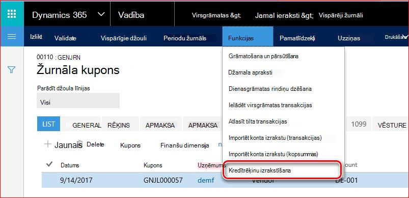 Šajā attēlā parādīts, kā atrast kredītrēķinu izrakstīšanas funkcionalitāti.