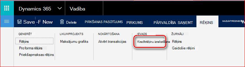 Šajā attēlā parādīts, kā atrast kredītrēķinu izrakstīšanas funkcionalitāti.
