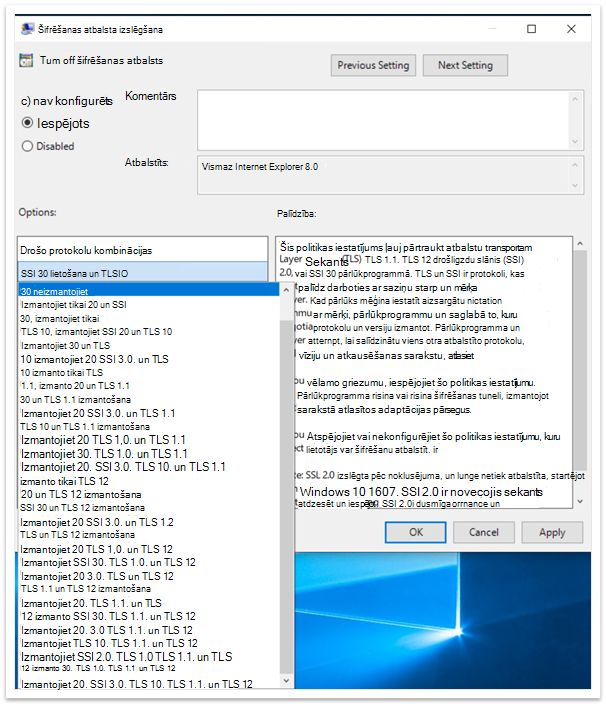 Turn off encryption support enabled with drop down showing various options