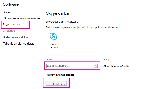 Skype iestatīšanas vedņa pirmajā lapā izvēlieties savu valodu.