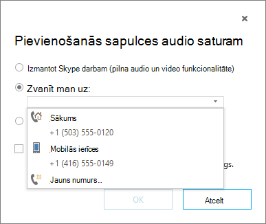 Tālruņa numura izvēle sapulces audiosaturam