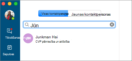 Ekrānuzņēmums ar cilni Kontaktpersonas, kurā ievadīts meklējamais teksts un parādīts meklēšanas rezultāts.
