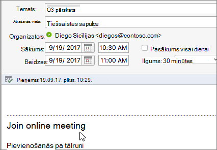 Ekrānuzņēmums ar sapulces dialoglodziņu, kurā redzama saite Pievienoties tiešsaistes sapulcei.