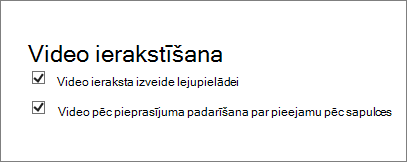 Ekrānuzņēmums ar izvēles rūtiņu Iespējot sapulces ierakstīšanu detalizētas informācijas par sapulci lapā. Šī opcija ir atzīmēta pēc noklusējuma.