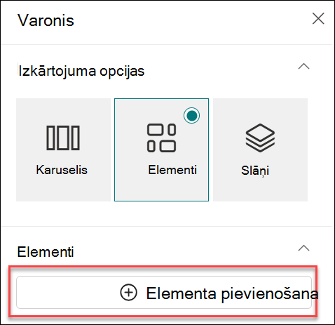 Ekrānuzņēmums ar elementa Pievienot Hero tīmekļa daļai